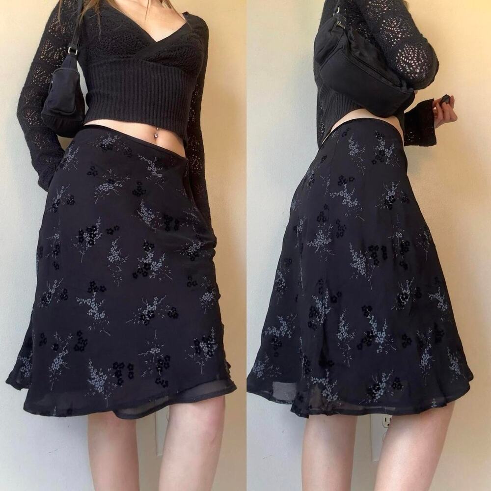 Hyphen Burnout Midi Skirt 12 Black Floral Layered Whimsigoth Goth Fairy